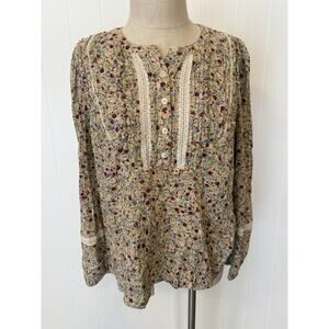 Wonderly Blouse Womens XL Floral Boho Peasant Long Sleeve Button Lace Trim Top